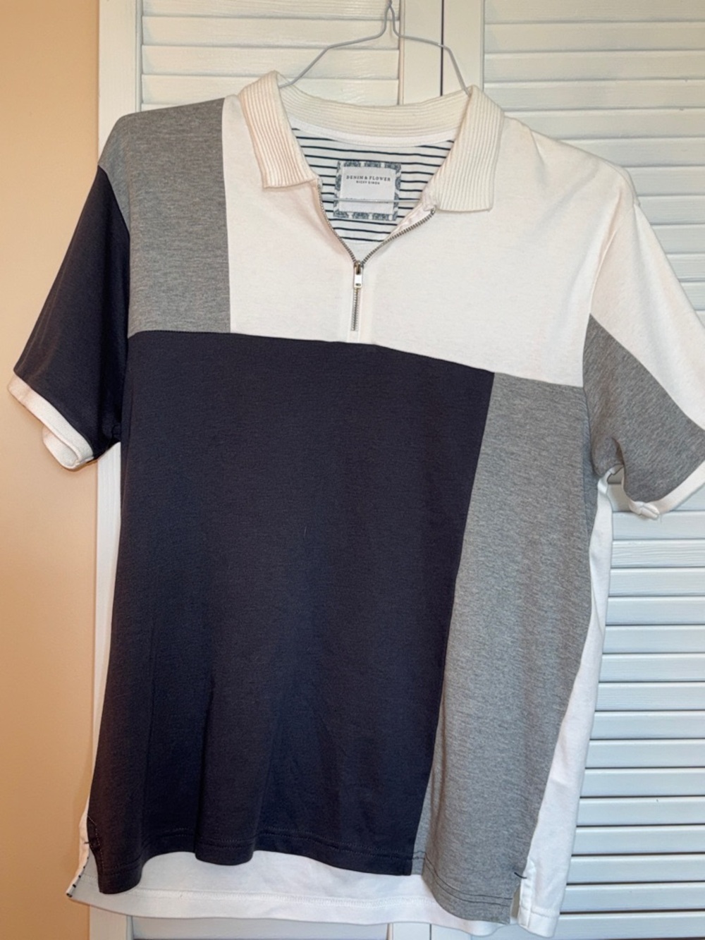 Denim & Flower Men’s Colorblock Zip Polo - White, Gray, Black
